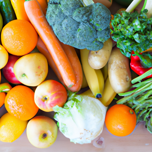 A variety of fresh fruits and vegetables on a wooden table